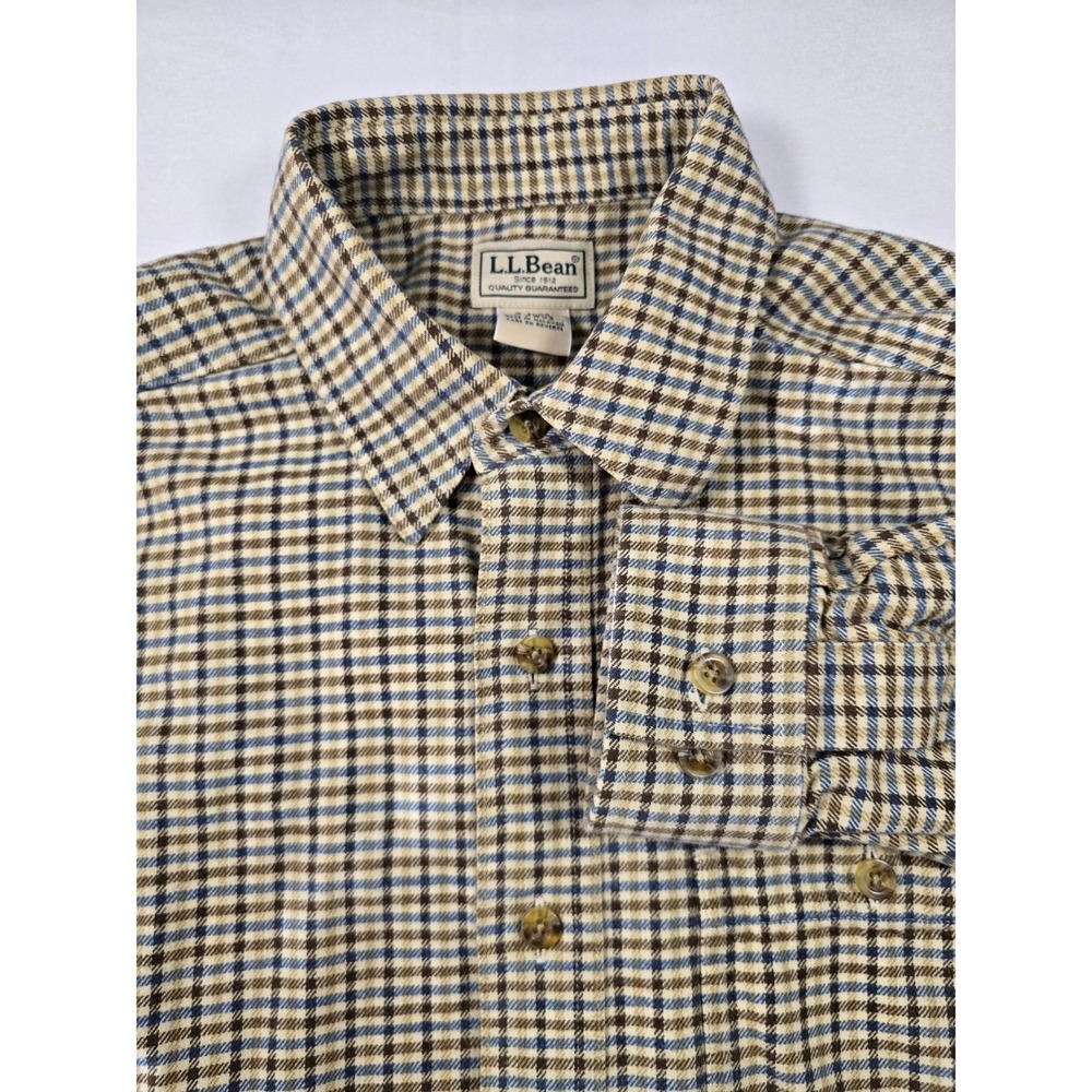 LL Bean Mens Flannel Shirt Medium Regular Brown Blue Plaid Cotton